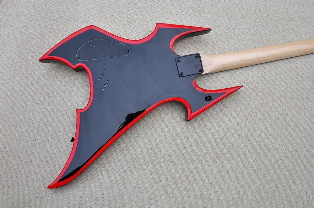 Unusual Shape Black Body Electric Guitar with Rosewood Fretboard,Black Hardware,Red binding,Provide Customized Services