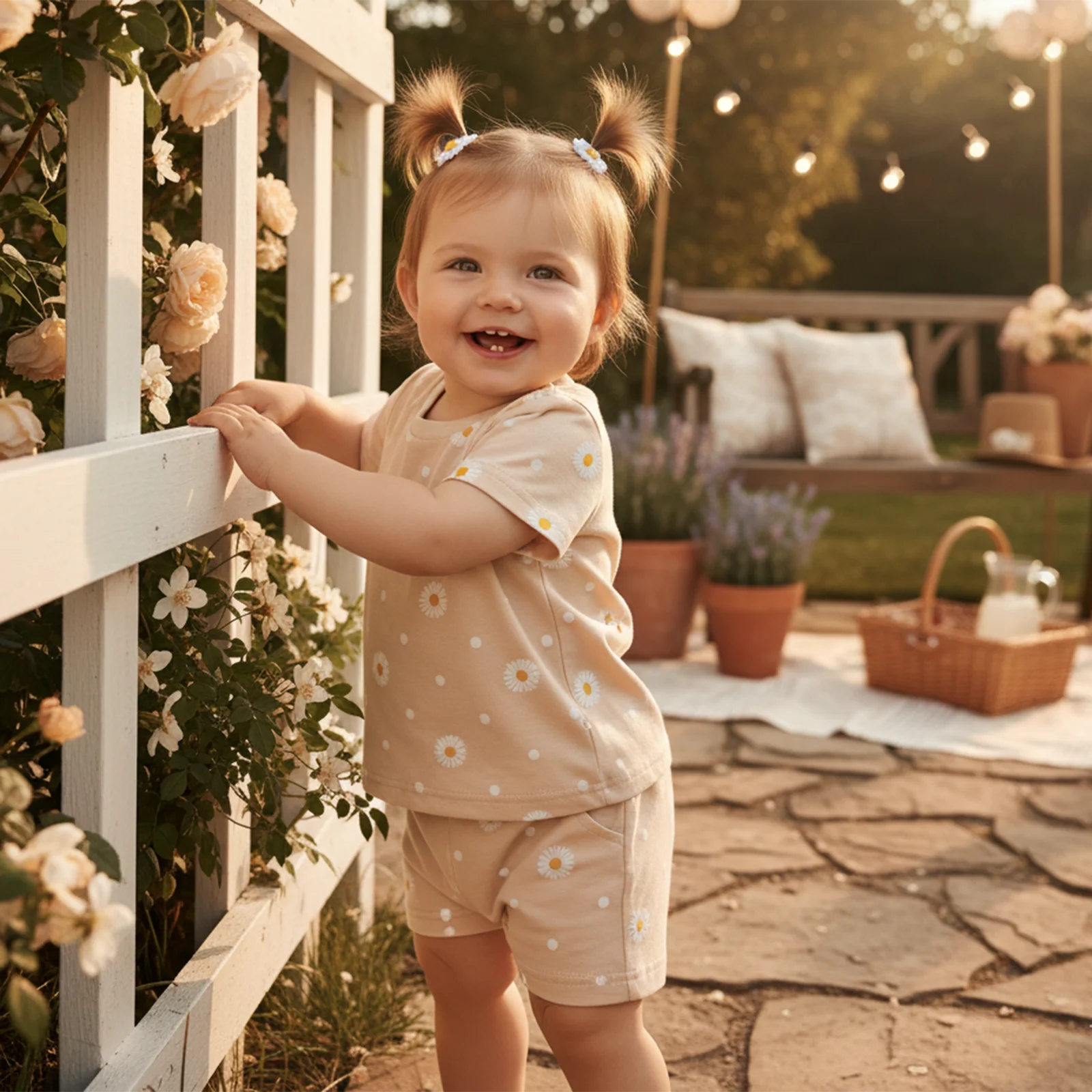 Baby Girl Summer Outfits Daisy Print Round Neck Short Sleeve Tops Elastic Waist Shorts 2Pcs Clothes Set