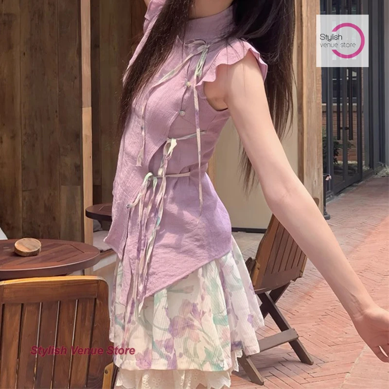 

New Chinese temperament design sense taro purple short-sleeved top women's summer new girlish bow lace skirt fashion suit