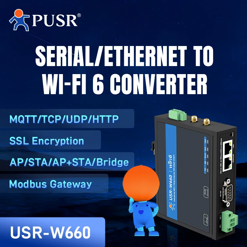 

PUSR Dual Band Serial to WiFi6 Converter with MQTT SSL Quacomm WiFi Roaming Gigabit Port RS232 RS485 to WiFi6/Ethernet USR-W660