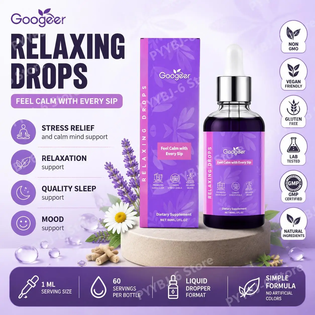 Googeer Relaxation Drops with Ashwagandha Chamomile & Lavender Extracts for Calm Mind and Quality Sleep Support, 60 Doses
