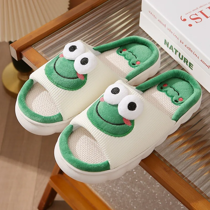 New Women Linen Slippers Spring/Summer Home Couple Anti Slip Men Shoes Thick Bottom Cartoon Frog Slippers