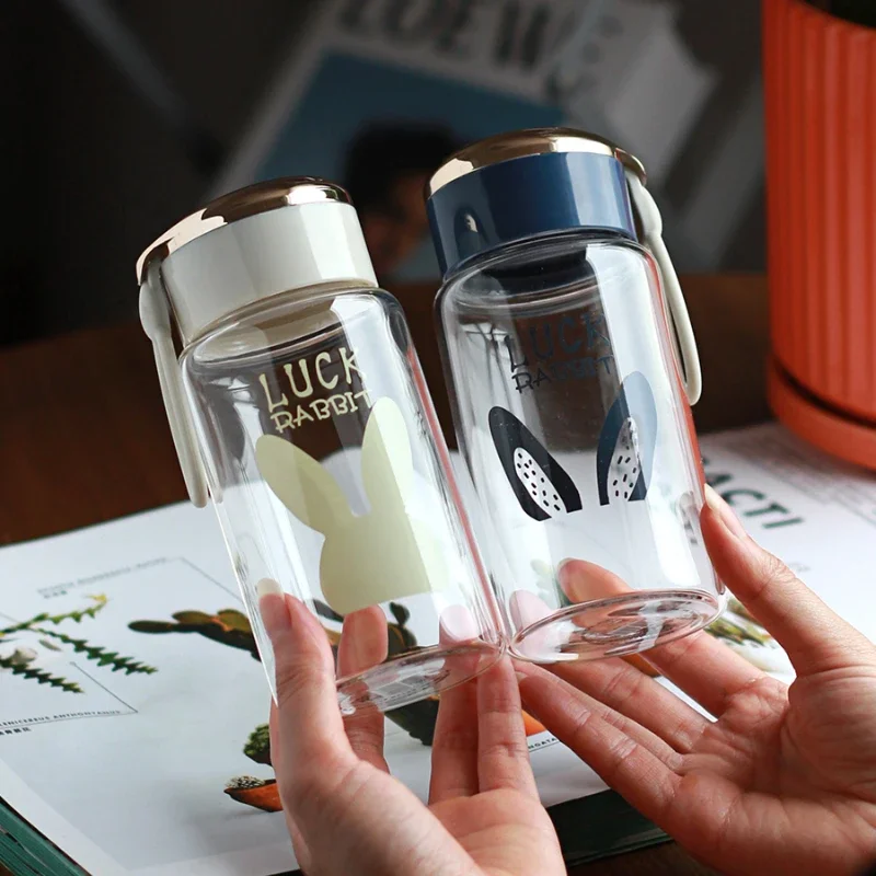 300ml Lucky Letter Glass Mini Simple Fresh Lovely Water Bottle with Cover Rope Small Capacity Portable Heat Resistant Coffee Cup