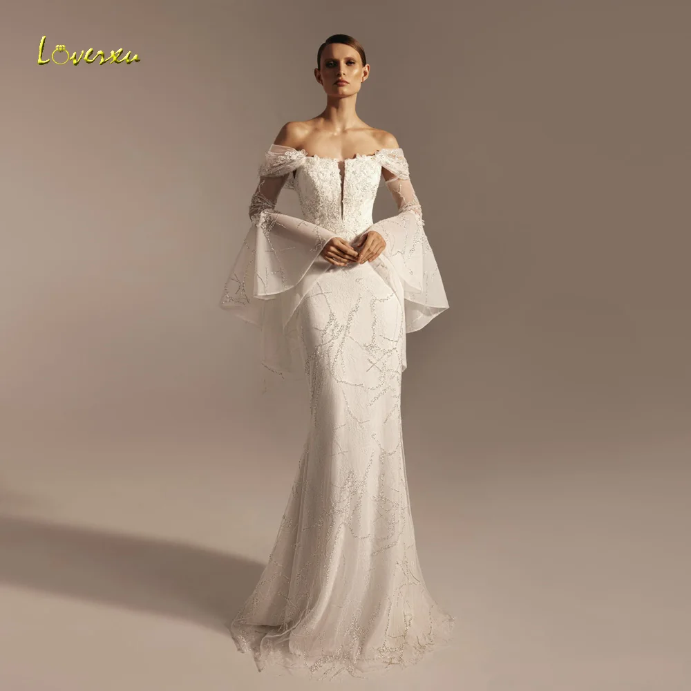 

Loverxu Mermaid Sexy Wedding Dresses Sweetheart Off The Shoulder Vestido De Novia Lace Embroidery Shiny Custom Made Bridal Gown