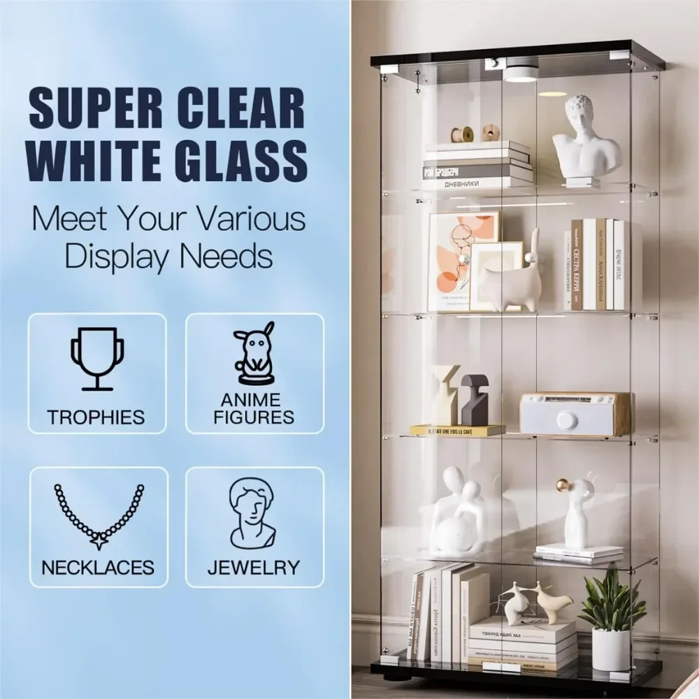 XMSJ Glass Display Cabinet, 5 Shelves with LED Lights, Bookcase with 5mm Tempered Glass, Floor-to-ceiling Glasss Storage Cabinet