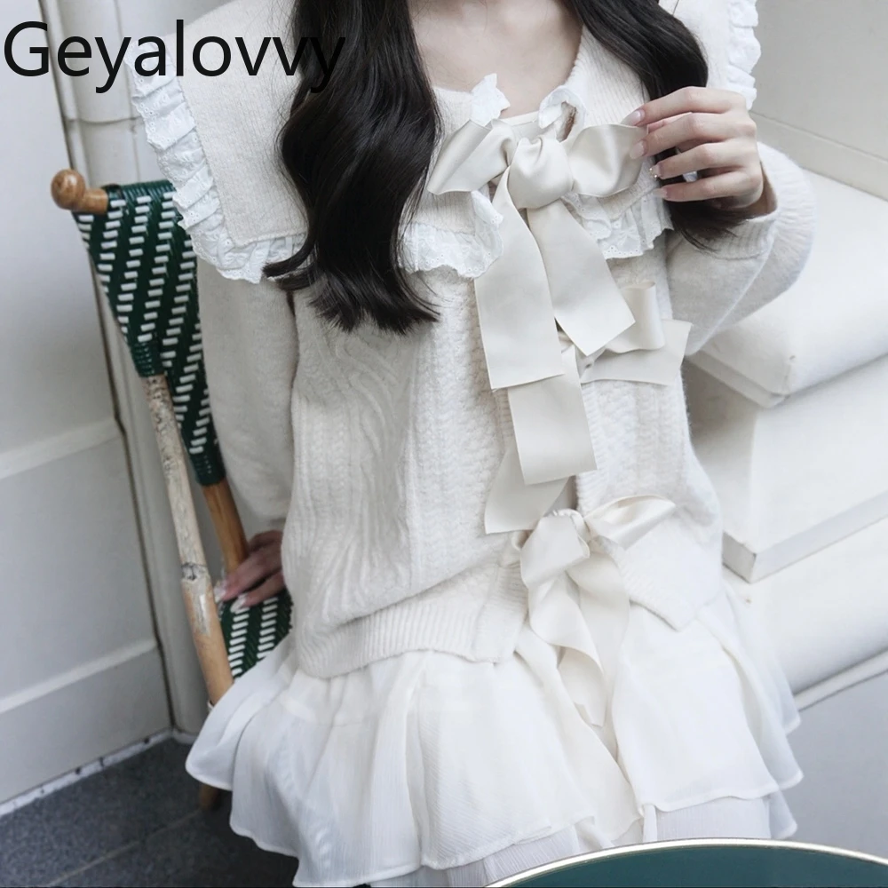 

Japanese Style Sweet Girls Navy Collar Lace-Up Cable Knit Cardigan Women's Jacket Autumn Winter New Versatile Loose Sweater