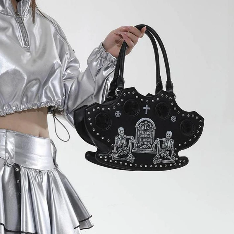 Halloween Totenkopf-Kreuz-Print Umhängetasche, Damen Gothic Nieten-Dekorations-Handtasche, Y2k Mädchen Stilvolle Einzigartige Tragetasche – Detail 13