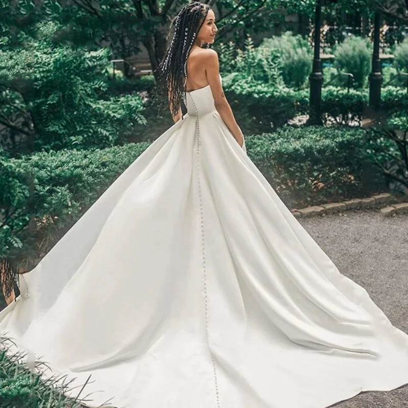 Robe de Mariée en Satin Blanc avec lèvent et Traîne Plissée, Ligne A, Fente Haute, 2024