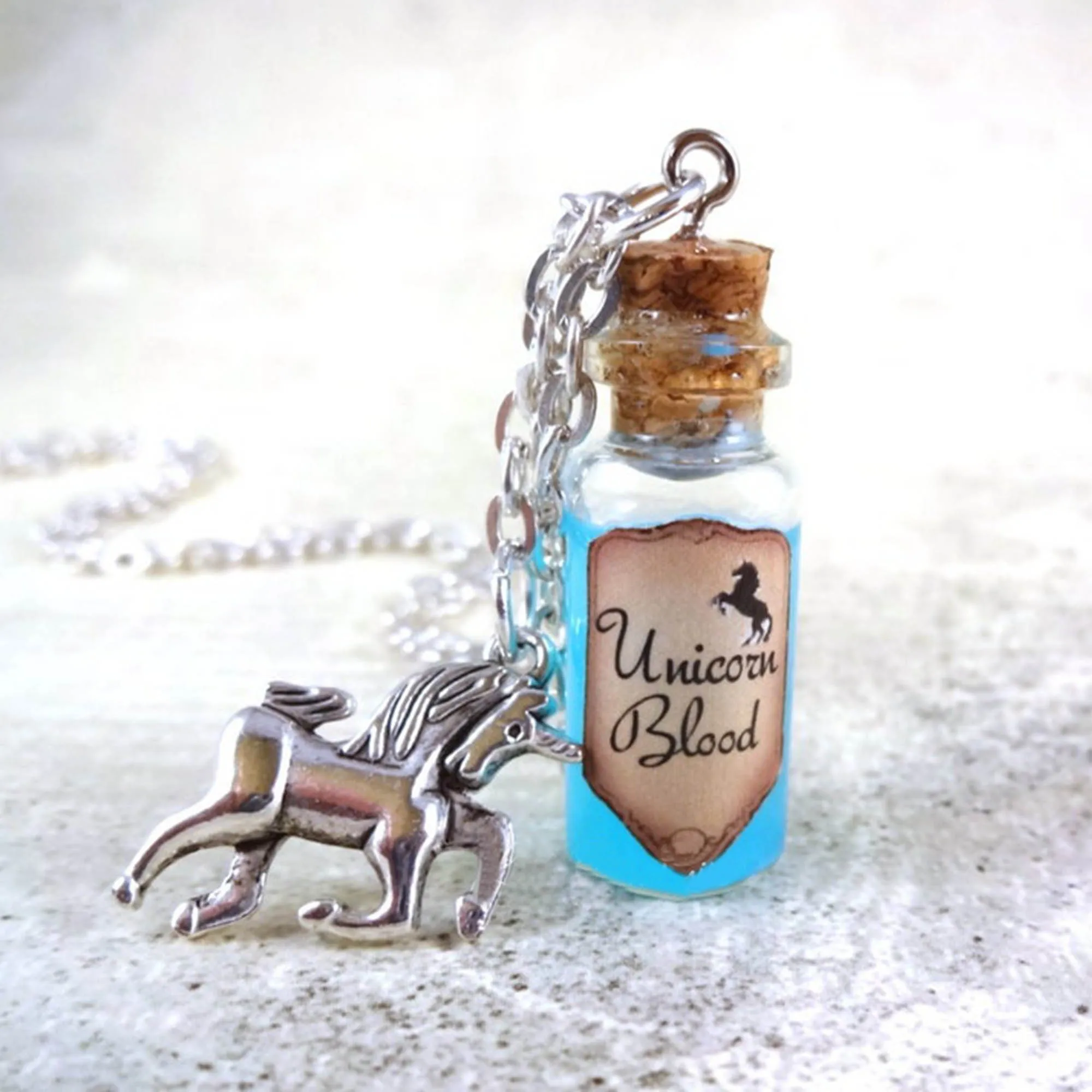 Unicorn Blood Bottle Necklace Once Upon a Time Unicorn Charm Necklace Mini Vial Charm Light Blue Liquid Shimmer Magic Spell