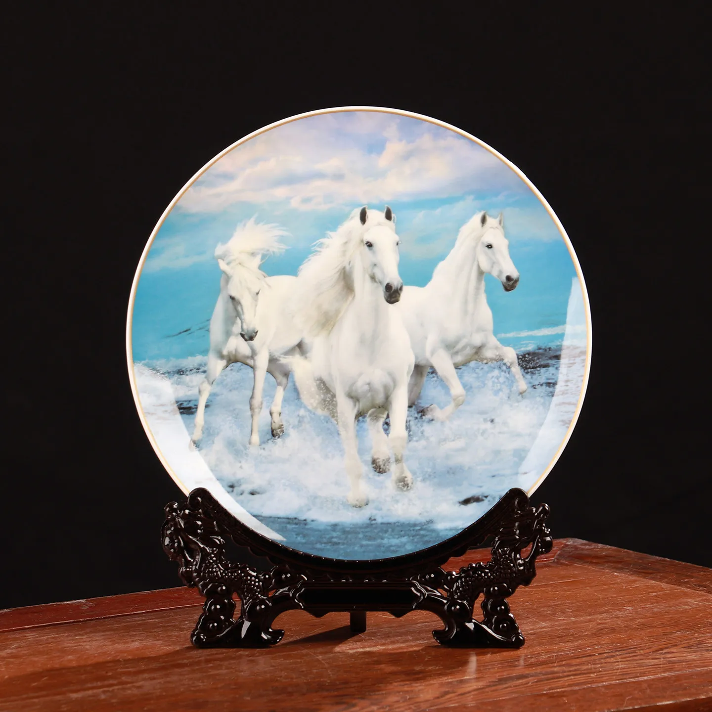 Bone China Horse Plate Jingdezhen Ceramic Decorative Plate Chinese Style Round Hanging Plate Living Room And Study Decoration