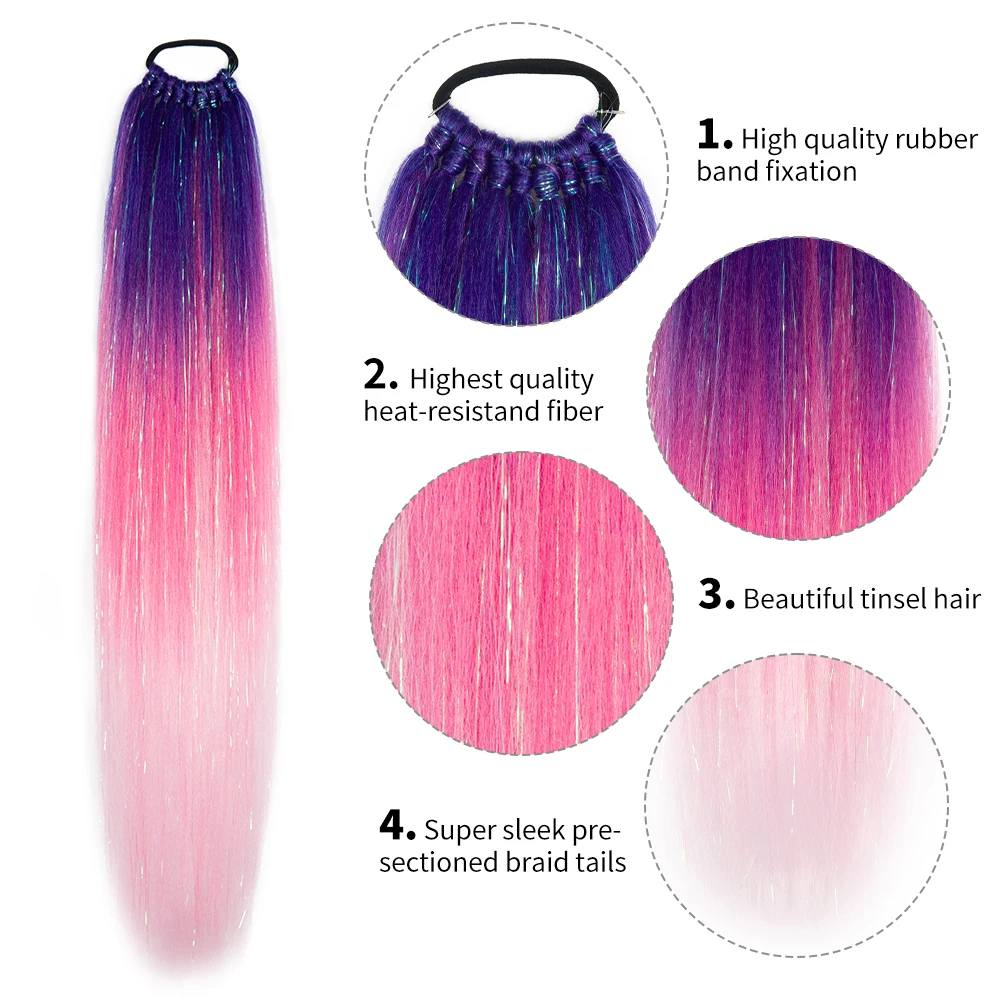 Leeons-coletas trenzadas de colores para mujer, extensiones de cabello sintético con purpurina de oropel, cola de caballo larga y Lisa, Yaki