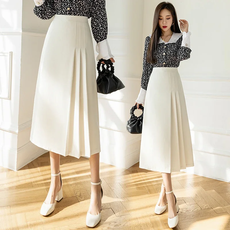 

White Black Mid-length Pleated Female Summer New High-waisted A-line Black Suit Korean All-match Commuter Skirt Streetwear B50