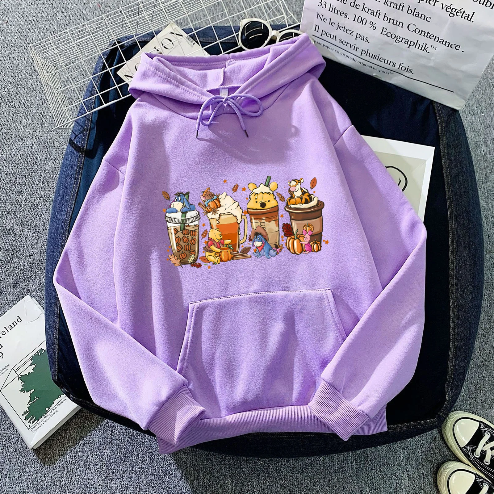 Women Fall Winnie the Pooh Coffee Print Pullovers Ladies Long Sleeves Halloween Sweatshirts Women Clothes Coffee Lover Tops