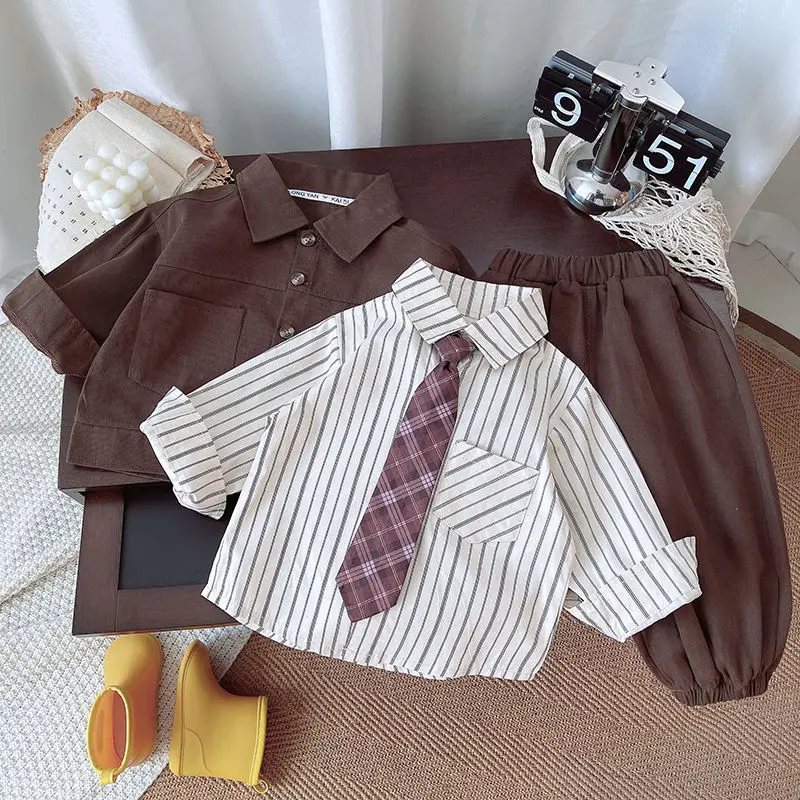 Boys 2026 Spring Autumn Set New England Baby kid Long Sleeve Coat+Striped Shirt+Pants+Tie College Style Four Piece Set outfits