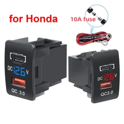 QC3.0 USB PD Type-C Car Charger Socket Fast Charging with Digital Voltmeter 10A Fuse Wire for Honda