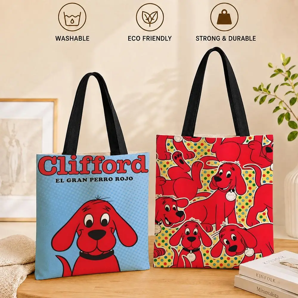 Animation Clifford the Big Red D-Dog Storage Bags Women Canvas Tote Bag Large Capacity Reusable Shoulder Shopper Bag