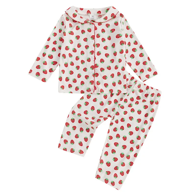 

6 Months to 4 Years Kids Girls Pajamas Sets Autumn Clothes Strawberry Long Sleeve Tops with Elastic Waist Pants Sleepwear