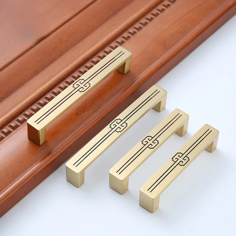 

New Chinese Retro Hardware Furniture Wardrobe Cabinet Door Drawer Wine Cabinet Chinese Gold Brushed All Pure Brass Handle