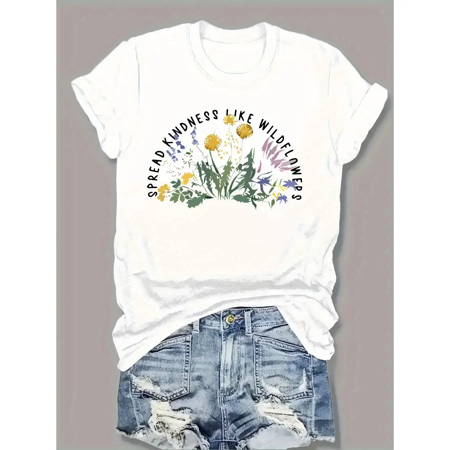 

"Spread Kindness Like Wildflowers" Graphic Tee, Geometric Pattern Print, Regular Length, Knitted Fabric - All Seasons
