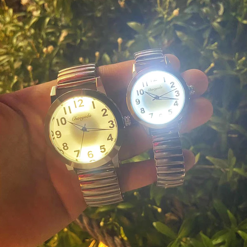 Jam tangan wanita Pasangan Pria Wanita, arloji tali Stainless steel elastis dial bercahaya lampu led modis