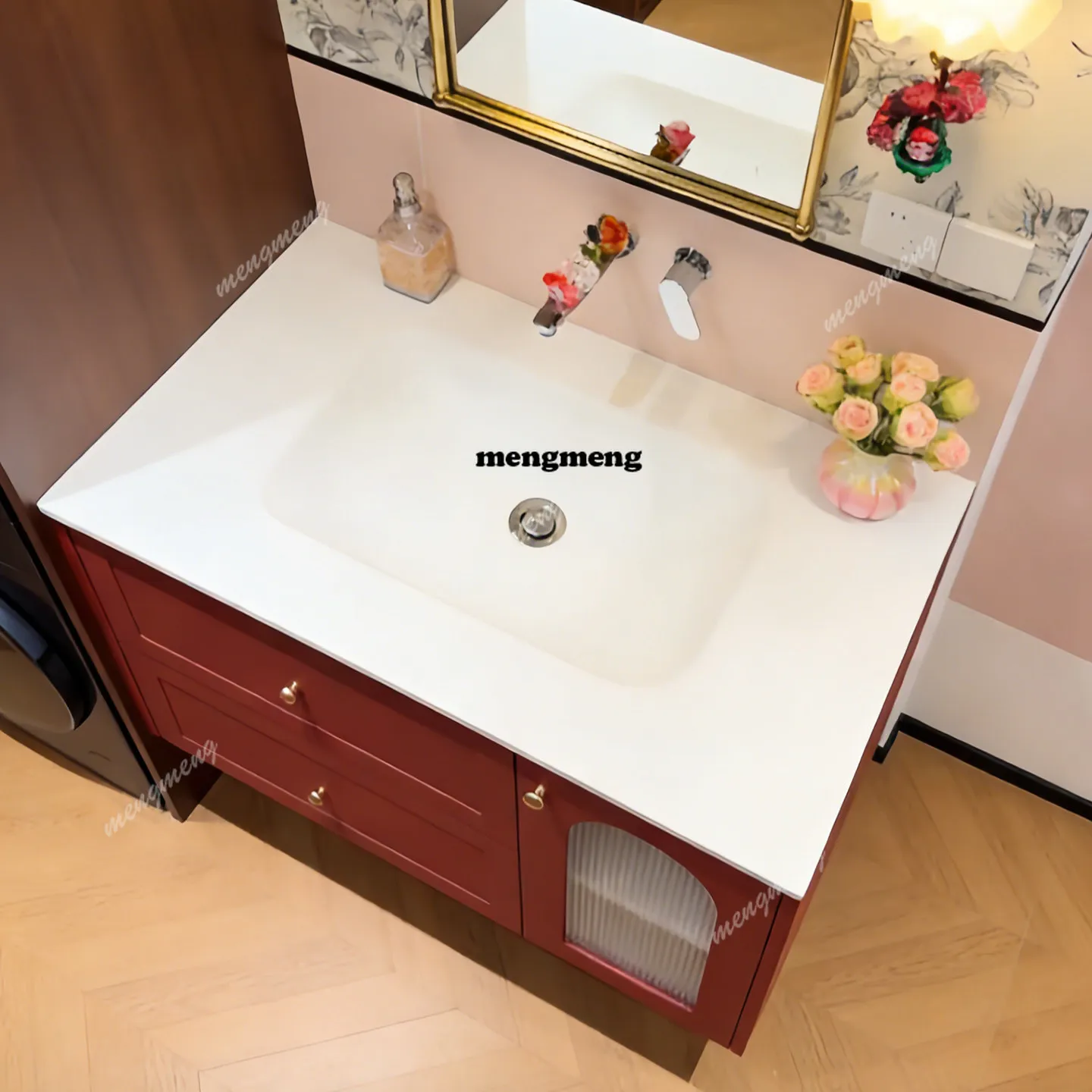 Burgundy French style bathroom cabinet combination rock slab hot bending integrated basin washstand oak paint