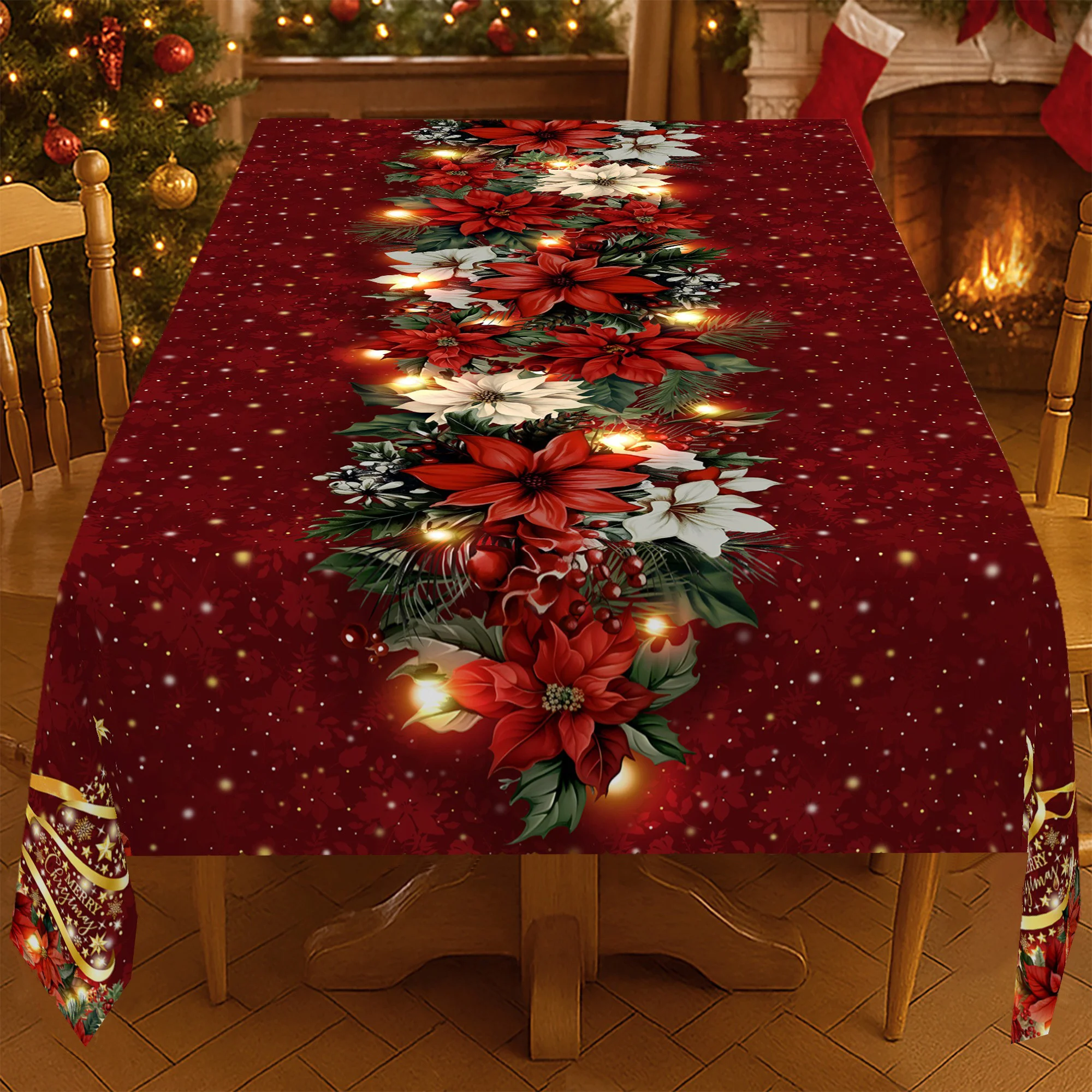 A 2D flat holiday Christmas tablecloth with a pine branch and red petunia pattern, featuring a warm lighting effect.