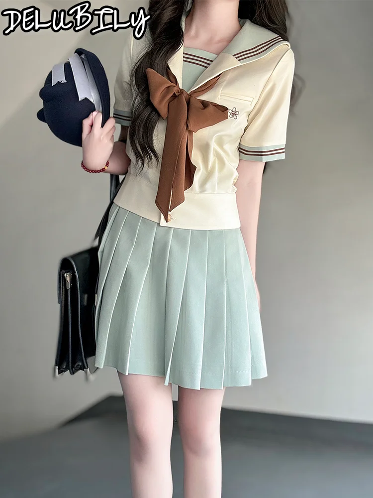 

JK Japanese Lolita Set Dress Women Sweet Bow Collar Short Sleeve Dresses New in Matching Sets Traf Conjunto Dos Piezas Mujer