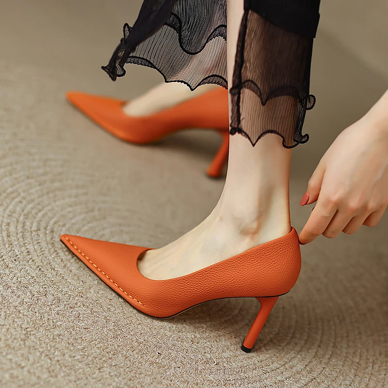 2022 Spring Summer Pointed Toe Shallow Women Pumps Genuine Leather Fashion Thin High Heel Hollow Female Shoes Pumps Size 34-40