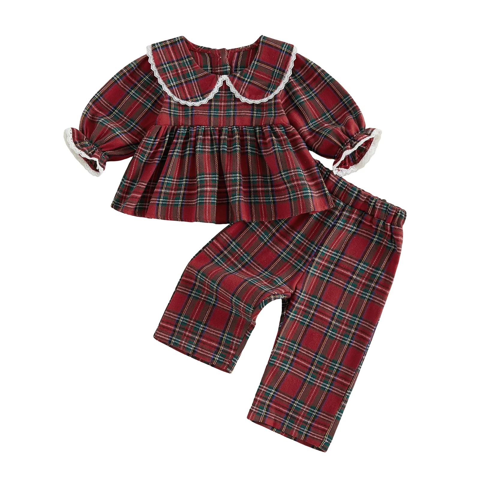 Toddler Baby Girl Plaid Outfits Casual Lace Trim Doll Collar Long Sleeve Tops with Pants 2 Pcs Set