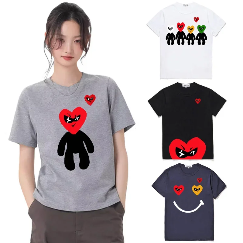 Break Egg Women T-shirt Cute Red Heart Embroidery Cute Little Character Heart Print Cotton O-neck Short-sleeved Straight T-shirt