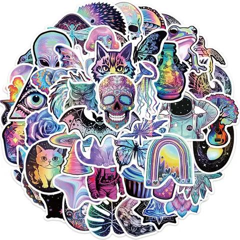 50PCS Laser Cartoon Psychedelic Graffiti Stickers for DIY Luggage Laptop Skateboard Motorcycle Bicycle Stickers