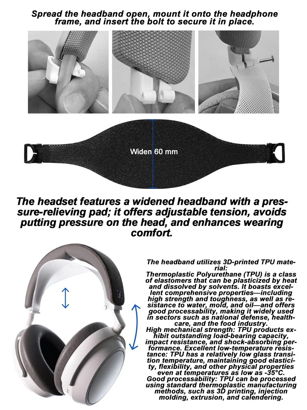 Head pad For Sennheiser Momentum 4.0 HDB 630 Accentum / Plus Headsets Widened headband pressure-relief pad earpads