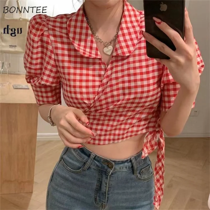 Red Plaid Shirts Women Summer Slim Cropped Vintage Office Lady Casual Short-sleeve Design Hot Daily Korean Style Sweet Clothing