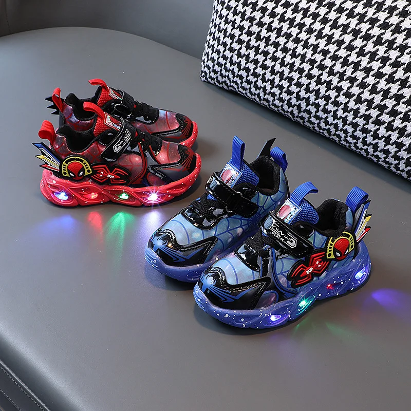 Disney LED Casual Sneakers Red Blue For Spring Boys Spiderman Leather Outdoor Shoes Children Lighted Non-slip Shoes Rozmiar 21-30