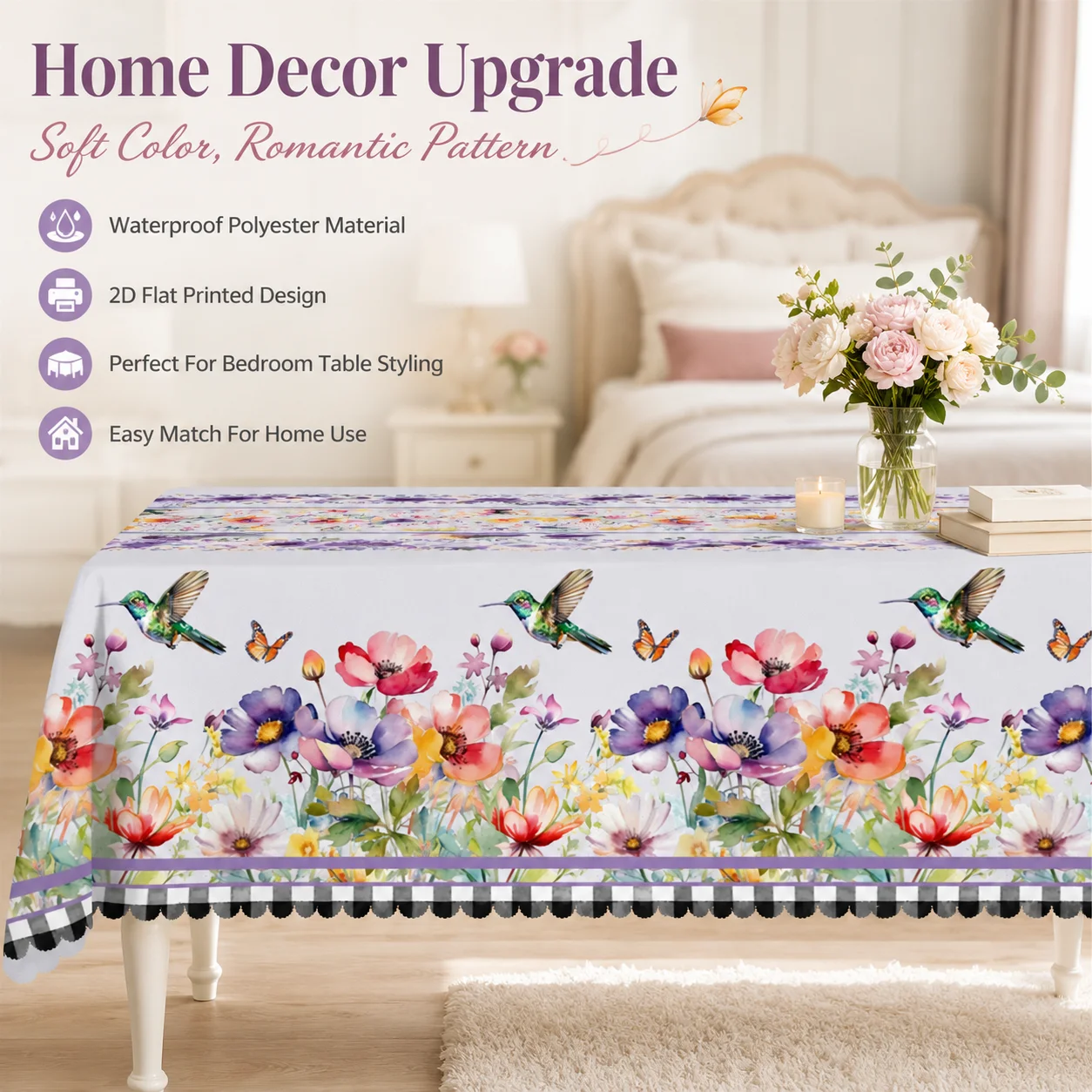 

Romantic Floral Waterproof Polyester Tablecloth 2D Flat Printed Table Cover For Bedroom Dining Kitchen Home Decor Accessories