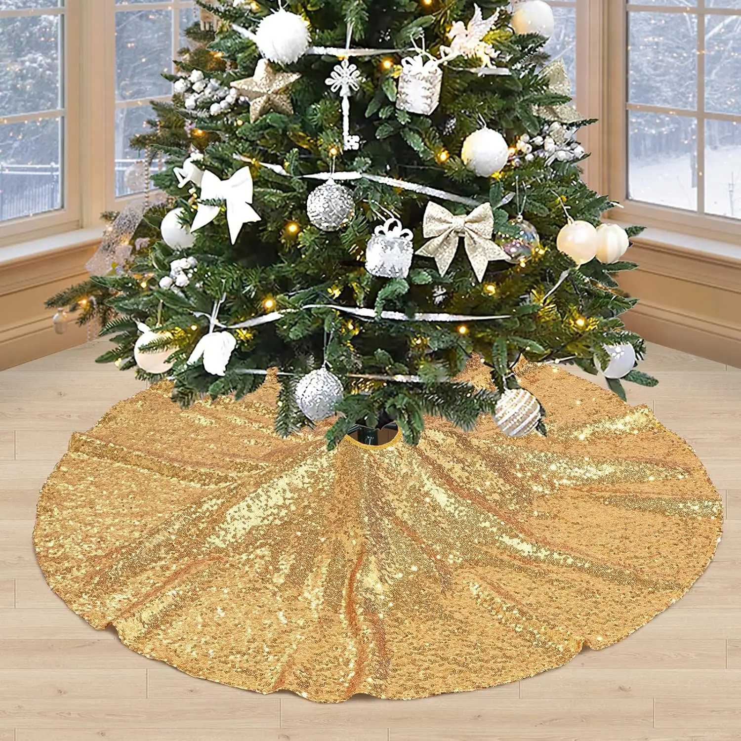 Gold Christmas Tree Skirt 8 Pieces 48 Inches Small Glitter Tree Skirts Sequin Tree Mats for Xmas New Year Party 4 Foot Trees Ind