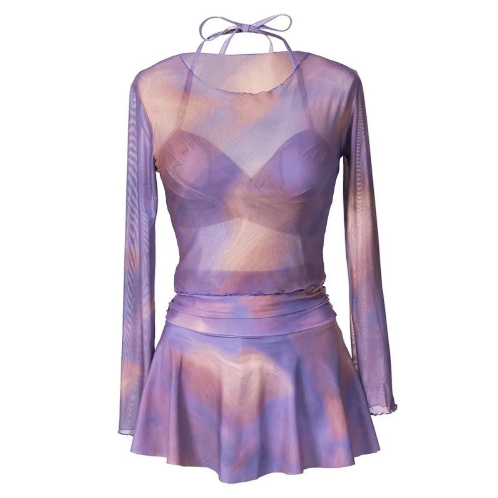 Casual Tie-dye 3 in 1 Swimwear Set Sun Protection Purple Long Sleeve Swimsuit Beachwear camisole Bikini Bathing Suit Vacation