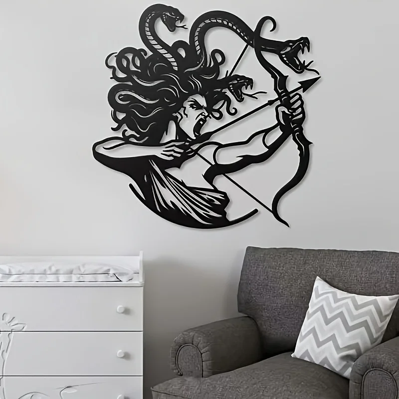 1pc Medusa Archer Metal Wall Art, Greek Mythology Decor, Fierce Serpent-Haired Warrior Sculpture,