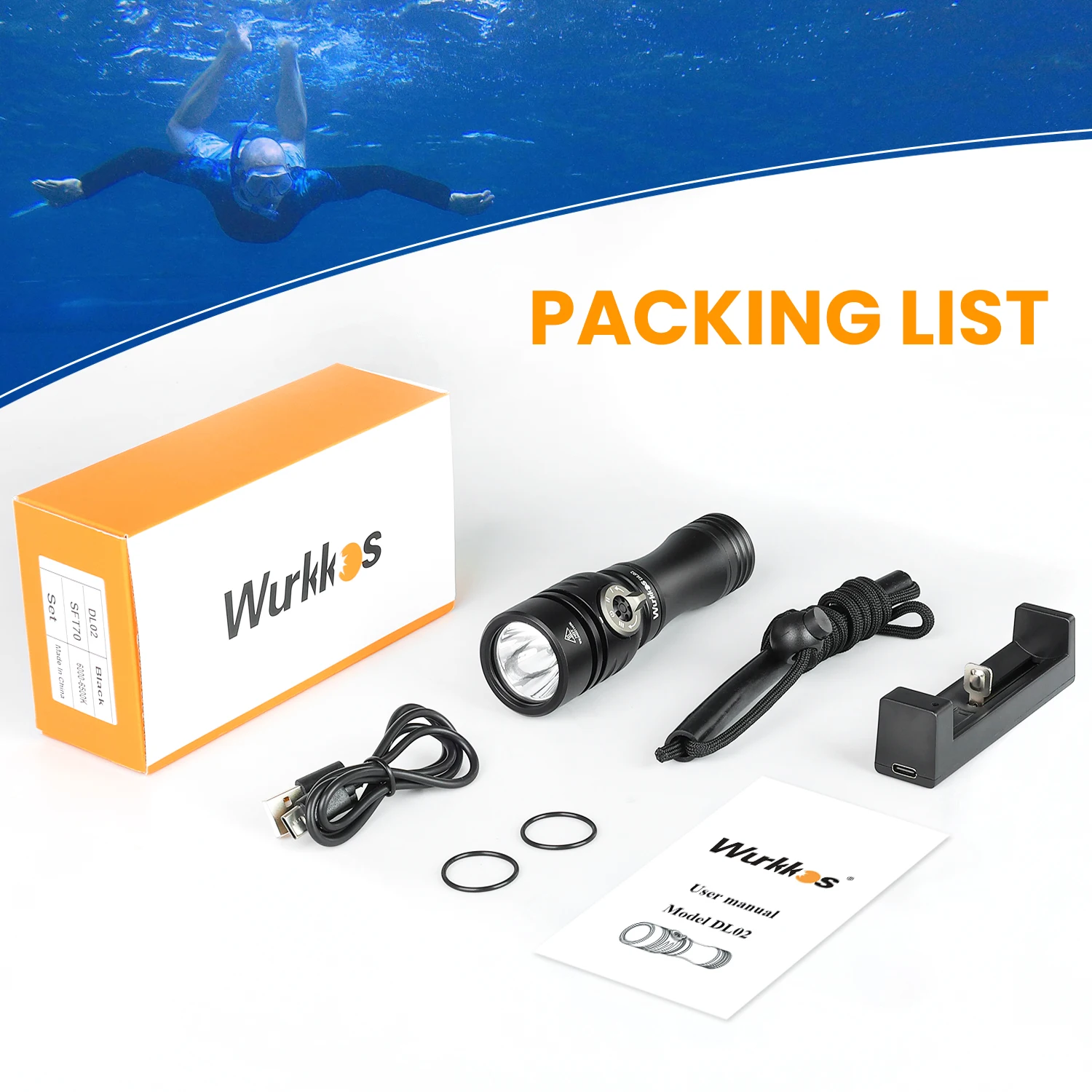 Wurkkos DL02 Professional Diving Flashlight 3000LM Work Light 21700 Battery Lamp Underwater Lantern with Rotary Magnetic Switch