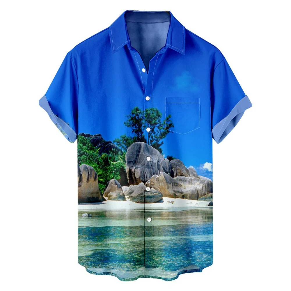 

Летняя мужская рубашка на пуговицах с коротким рукавом Harajuku, синяя рубашка с принтом, модная блузка, повседневный топ, одежда в стиле хип-хоп