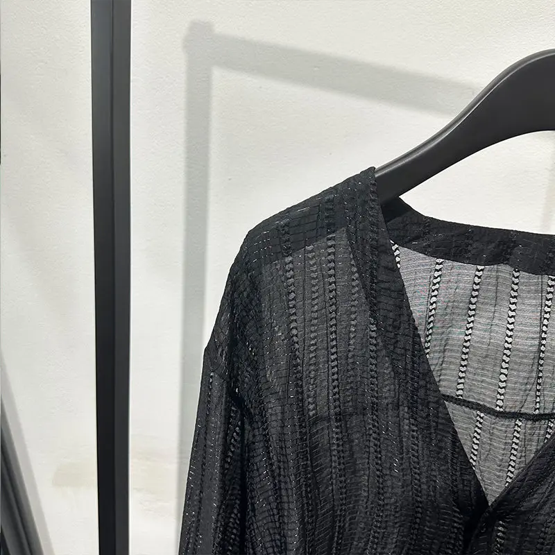 Autumn Idle Style Fashionable Design Hollow out See through Collar Shirt Dark Light Pleated Sheer Top