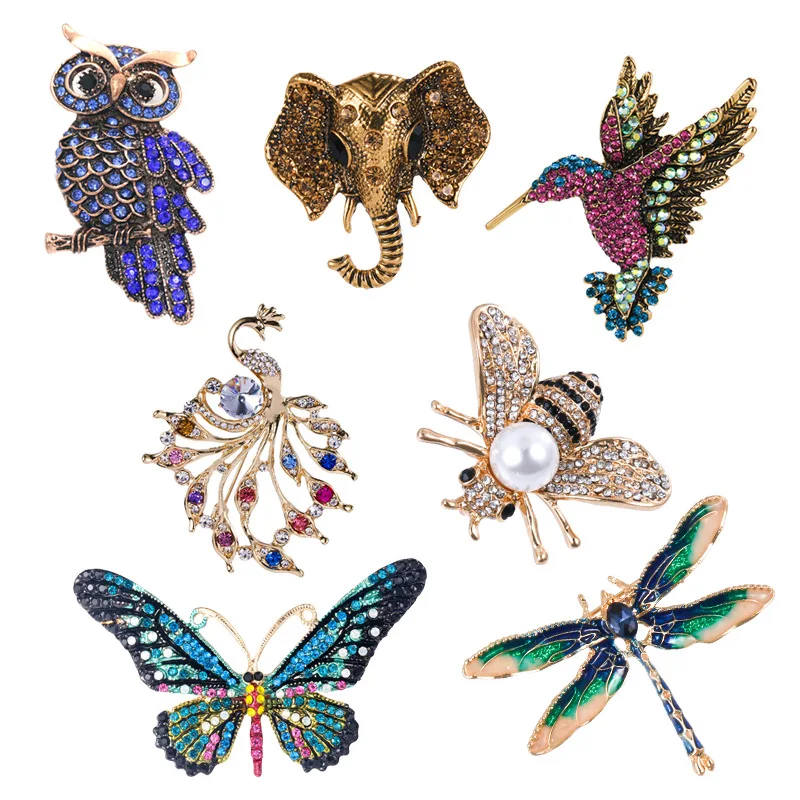 Enchanted Garden Collection Exquisite Enamel Animal Brooches Featuring Owl Bird Peacock Elephant Frog and Butterfly Designs