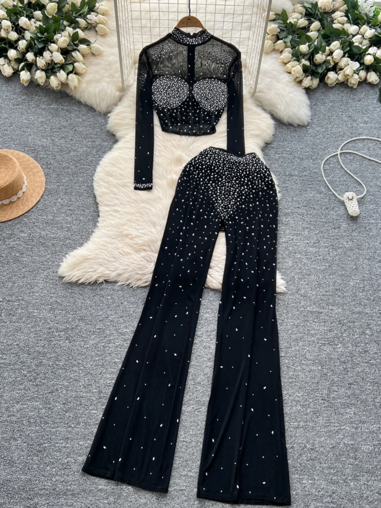

Fashion See Through Mesh Rhinestone Chic Long Sleeve Slim Short Top High Waist Wide Leg Pants Evening High Street Two-piece Sets