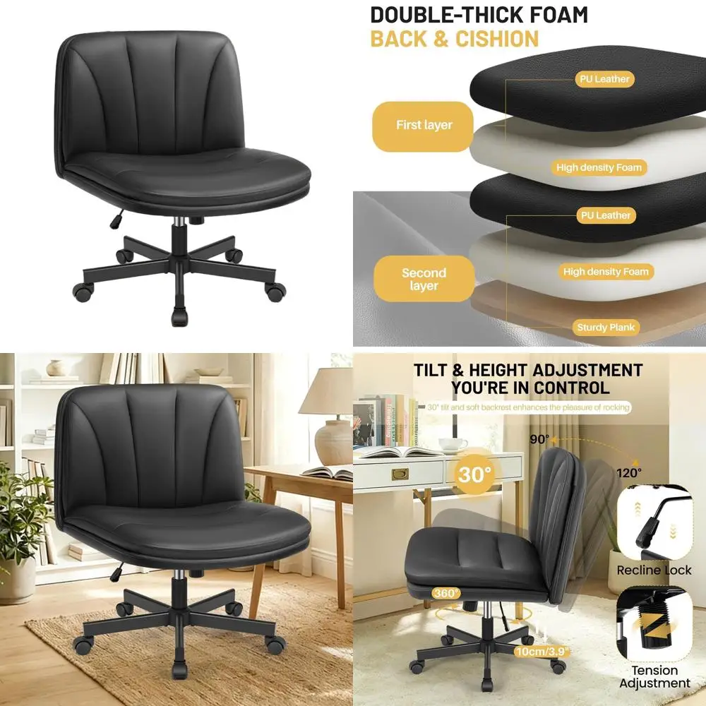 

Черное кожаное вращающееся кресло на колесиках для домашнего офиса и небольших помещений, без подлокотников