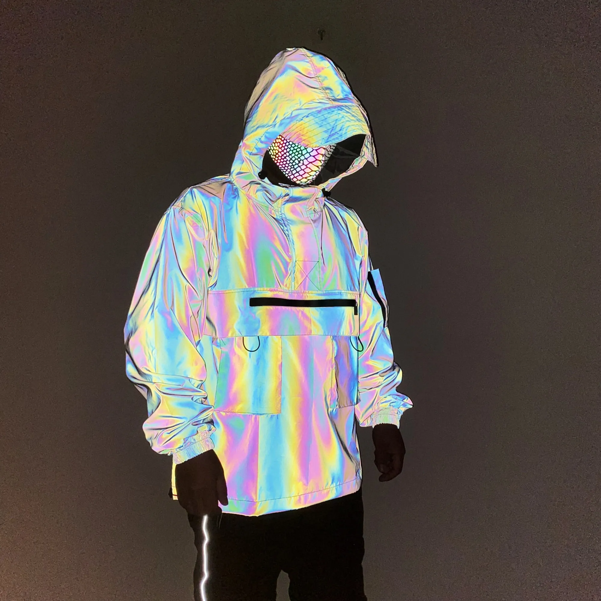 2023 Holographic Reflective Colorful Cargo Jacket Men\'s Half Zipper Hooded Pullover Jacket Windbreaker Rainbow Coat