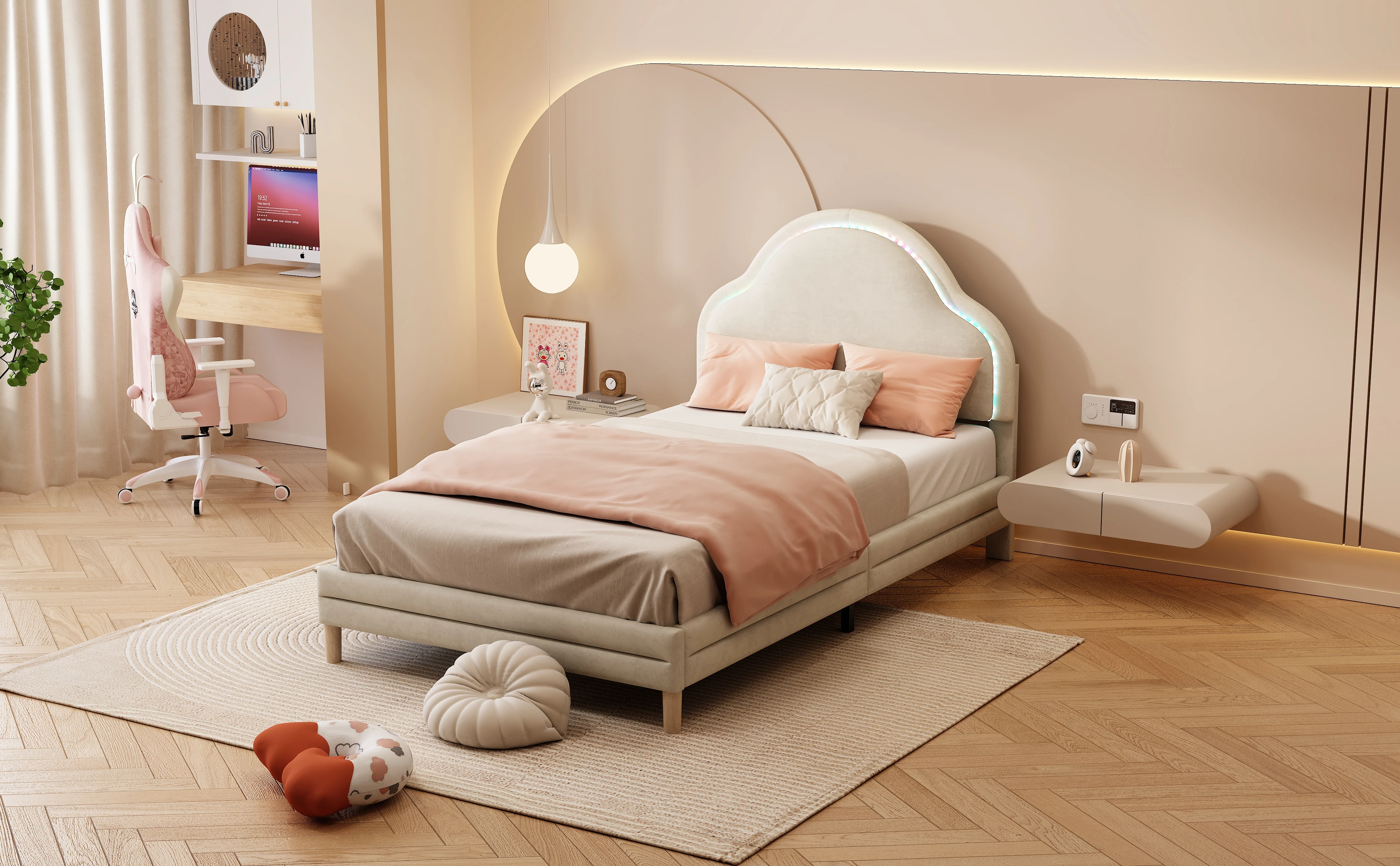 PINGGO Beige Samt Einzelbett 90x200cm Wolkenförmiges Kopfteil Farbwechsel-LED-Streifen Holzlatten Kinderbett Ohne Matratze – Detail 1