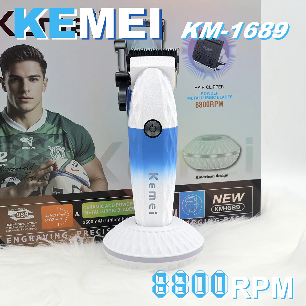 

KEMEI KM-1689 Hair Clipper Professional with DLC Blade 8800RPM 2500mhA Cordless with Base Charger Haircut Machine