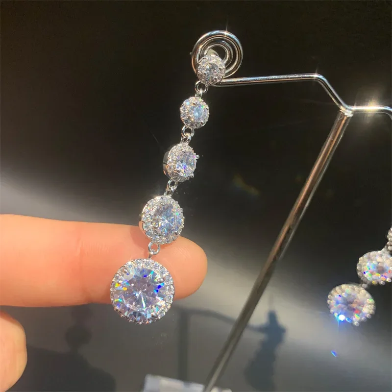 Long Female Diamond cz Drop earring Real 925 Sterling silver Party Wedding Dangle Earrings for women Bridal Fine Jewelry Gift