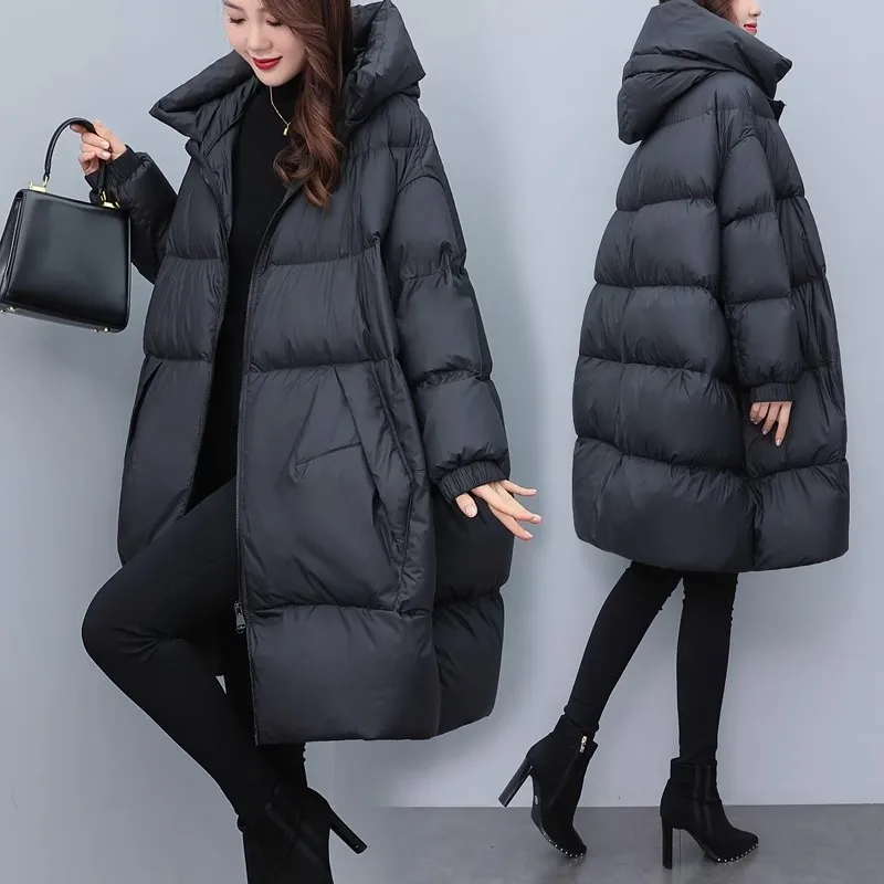 Black Oversized Hooded Down Jacket 2024 New Winter Women\'s Loose 90%White duck down Thicken Coat Female Warm Parka Overcoat