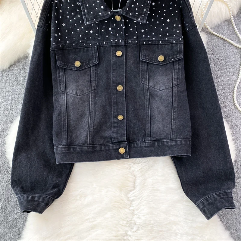 Jaket Denim pendek wanita longgar Korea jaket Jeans wanita lengan panjang kasual Lapel berlian biru hitam jaket Denim pendek musim semi musim gugur wanita